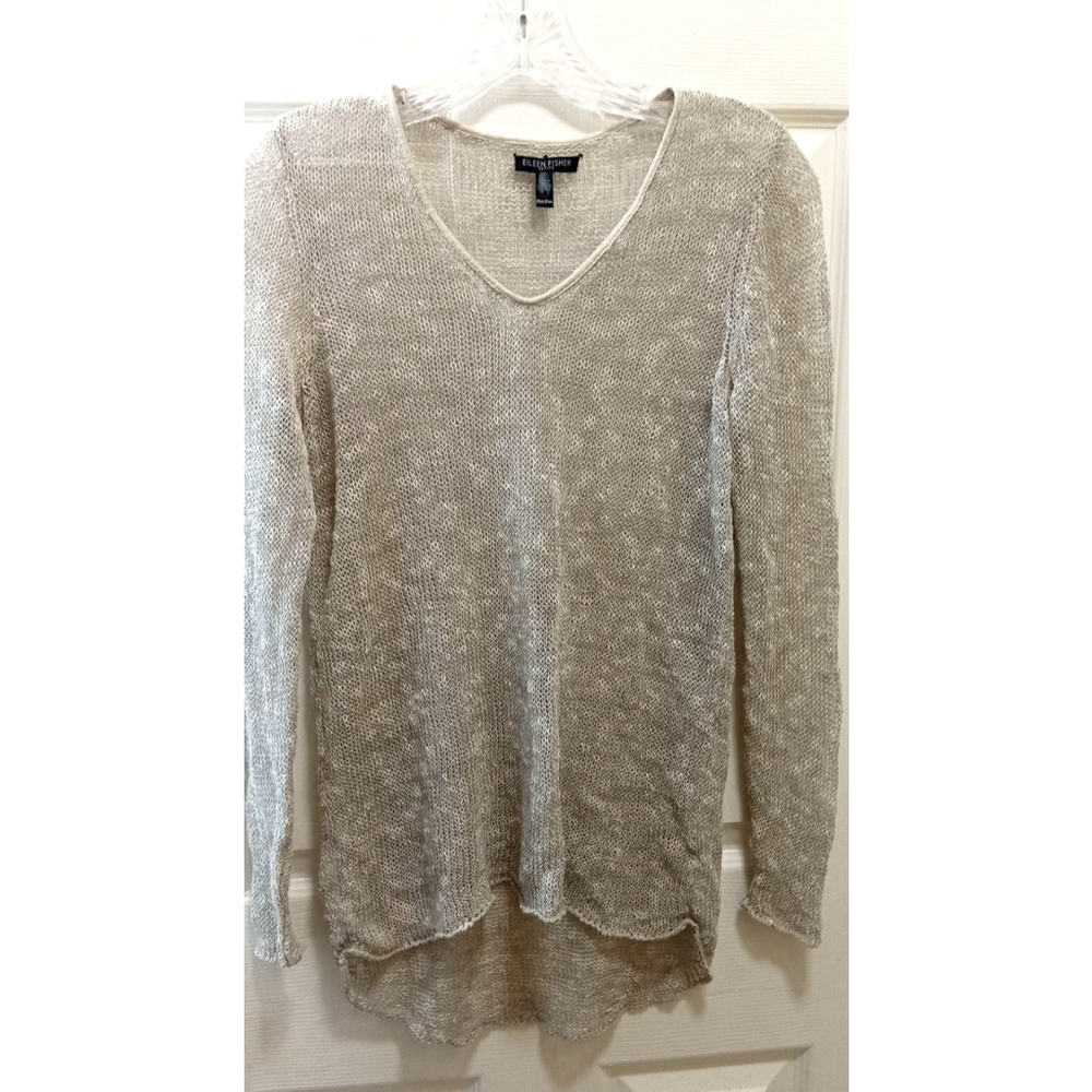Eileen Fisher Womens V Neck Linen Blend Net Knit Sweater Sz Petite M Beige Beach